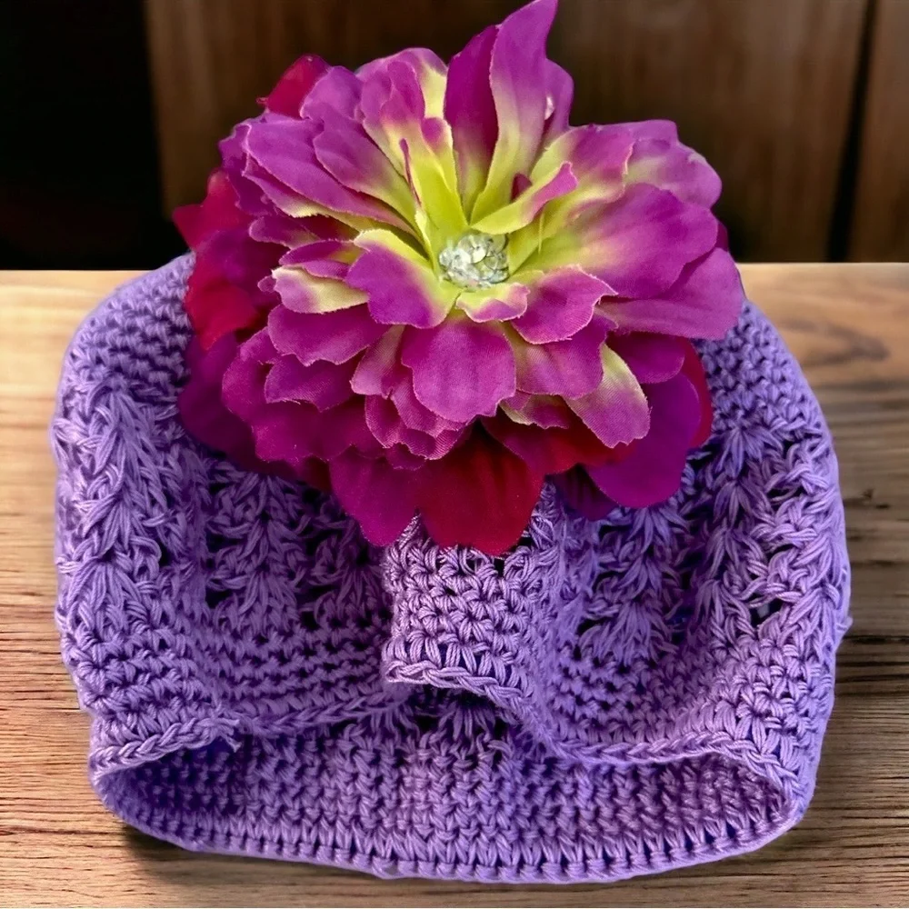 Hand crochet stretch 3-12 months baby girl boho floral hat